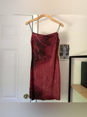 NO BRAND y2k vintage knit slip sequin red black tie dye draped mini dress